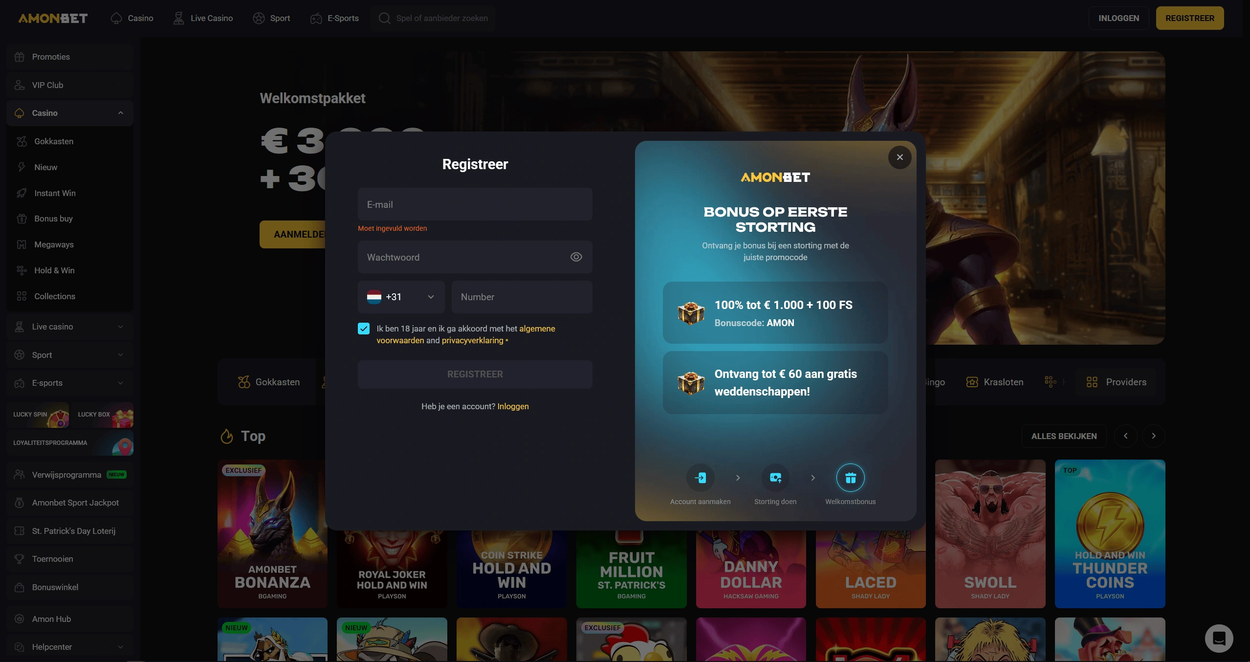 Profiel aanmaken voor registratie bonus casino